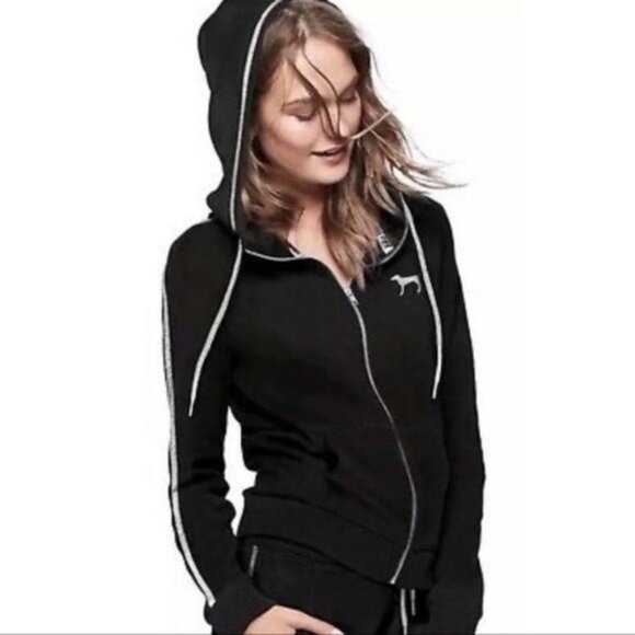 Victoria’s Secret Pink Sequin Floral Bling Zip Front Jacket Hoodie Small - Picture 2 of 13